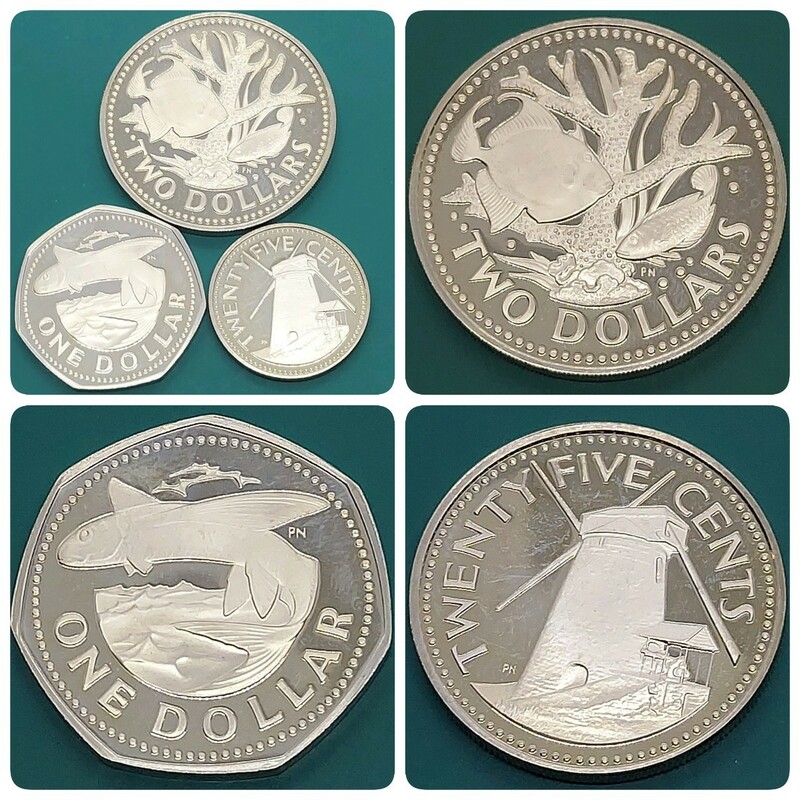 【60208】未使用品　バルバドス　1973年　2ドル　1ドル　25セント　おまとめ3点　世界コイン　硬貨　貨幣　