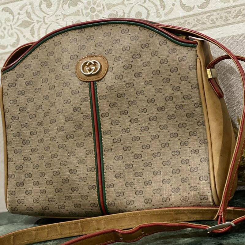 希少モデル 70'S OLD GUCCI ショルダーバッグ シェリーライン PVC×レザー GGスプリーム ポシェット ヴィンテージバッグ VINTAGE レア