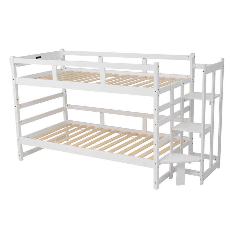 二段ベッド 頑丈 ミドルタイプ 上下分割可能　階段付き 天然木 コンセント付き シングル 宮付き 収納棚付き 収納 北欧風 大人 ホワイト 