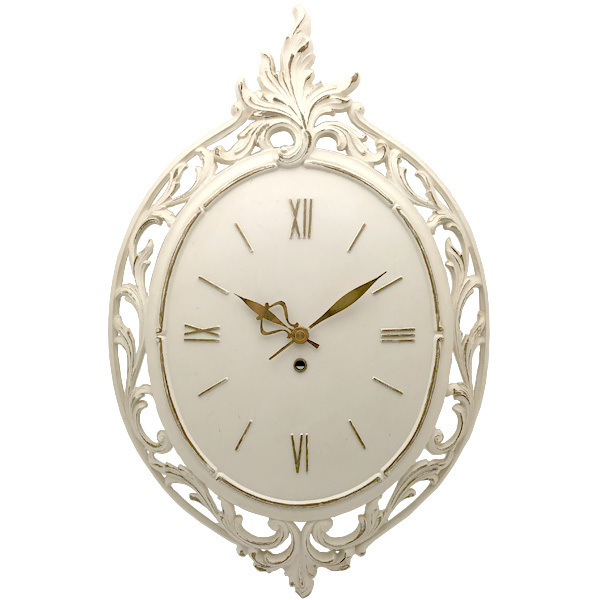 送料無料 アンティークウォールクロック SYROCO/ヴィンテージ壁掛け時計掛時計usa製白オーバル蔦フレーム白文字盤12.3.6.9ローマン60s70s
