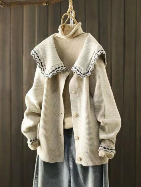 yh sn カーディガン 羽織物 アウター チュニック セーター ニット 暖かい オシャレ フリーサイズ 大き目襟 ベージュ系