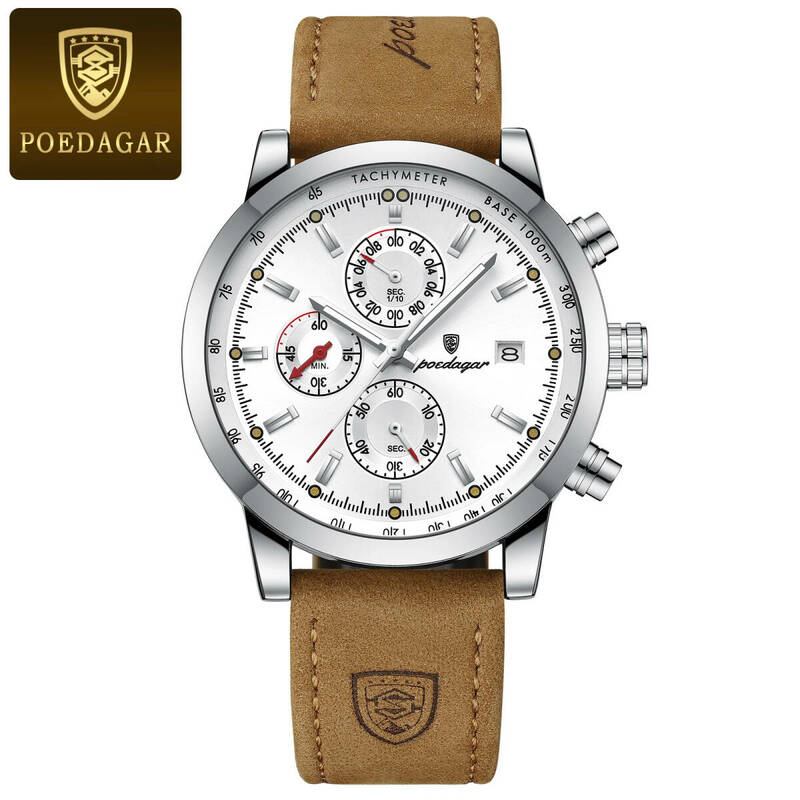Poedagar メンズ クオーツ 腕時計 高品質 ミリタリー ウォッチ カジュアル スポーツ クロノグラフ レザー 時計 シルバー × ホワイト