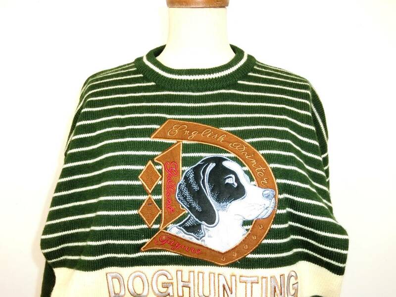 DOGHUNTING ドッグハンティング SPORTS CLUB メンズ Lサイズ 柄 ニット セーター 緑 ボーダー 犬マーク 毛100％ Y-104