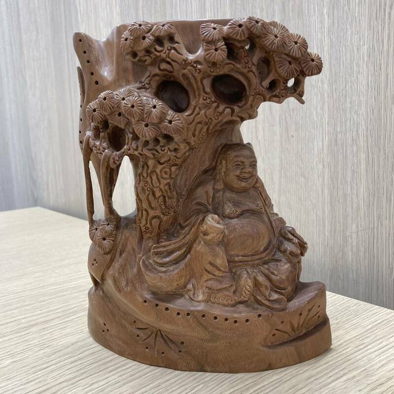 中国美術 唐物 緑檀 木彫 竹彫 唐子桃仙人彫刻筆筒 花瓶 書道具