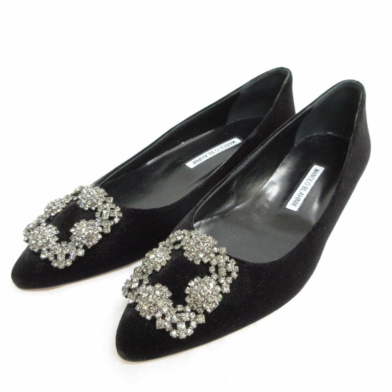 未使用 MANOLO BLAHNIK マノロブラニク HANGISIFLAT FMC ハンギシ ビジュー ベルベット フラットシューズ パンプス 38 1/2 約25.5cm 黒