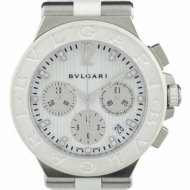 ブルガリ BVLGARI ディアゴノ クロノグラフ DG40SCH 腕時計 SS ラバー ダイヤモンド 自動巻き ホワイト メンズ 【中古】