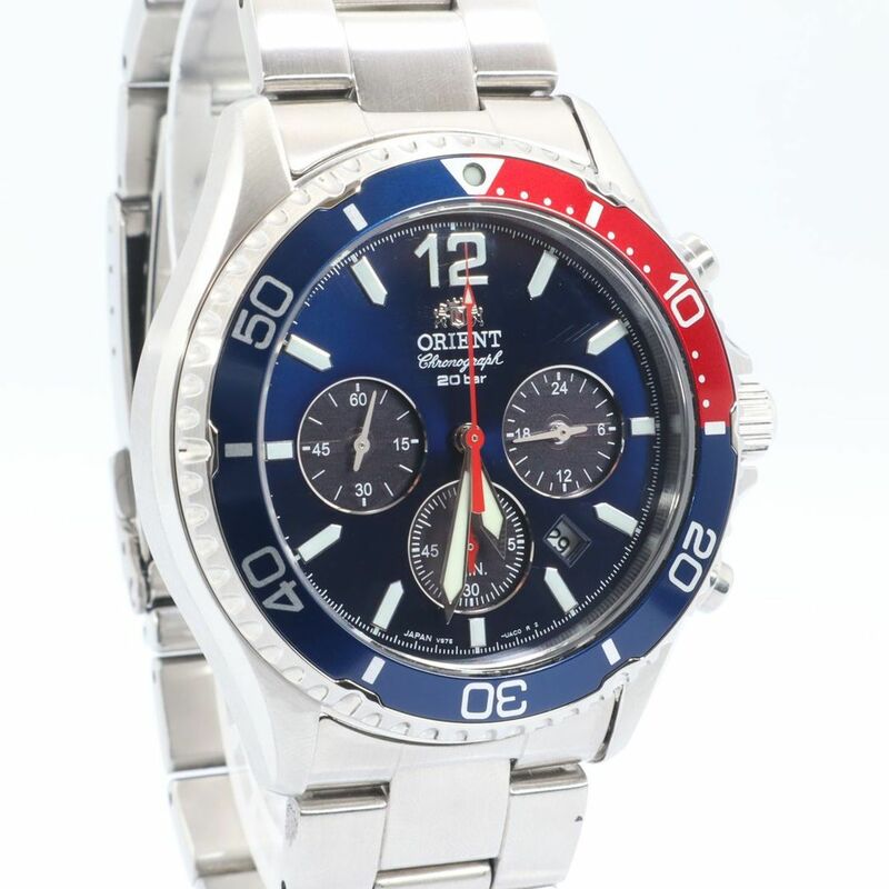 美品 オリエント ORIENT クロノグラフ ペプシカラー ソーラー メンズ 腕時計 ウォッチ ネイビー文字盤 VS75-UAB0