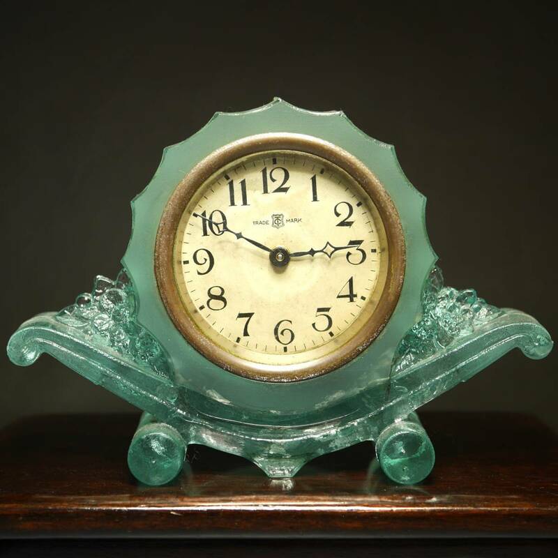 当時物 ◆ 東洋時計 TC 置時計 ブルー 時計 ゼンマイ 和ガラス レトロ 10-02