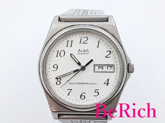セイコー SEIKO アルバ メンズ 腕時計 V743-8A10 白 ホワイト SS シルバー クォーツ デイデイト ウォッチ ALBA 【中古】 ht4190