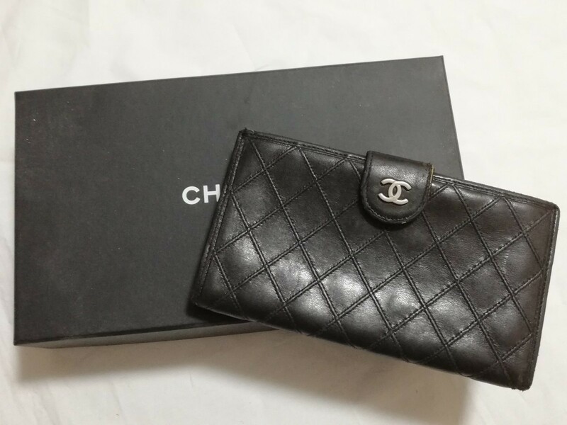 CHANEL シャネル 長財布 ビコローレ がま口 ココマーク レザー ブラック 黒 ゴールド金具