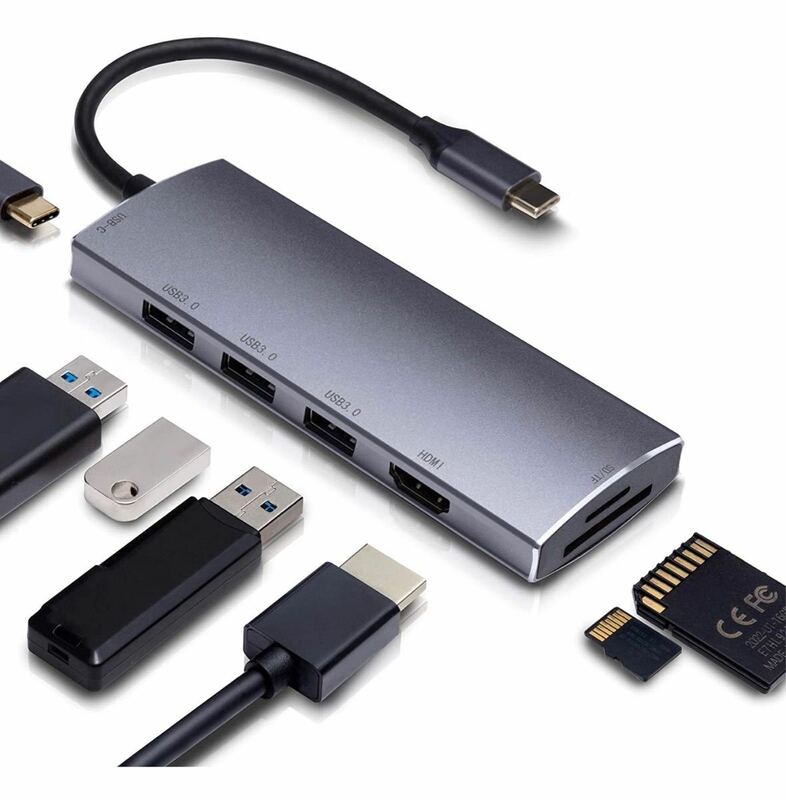 USB Type-Cハブ 7-in-1 USB-C ドッキングステーション USB3.0ポート*3 & 4K解像度HDMI出力ポート*1 & PD急速充電