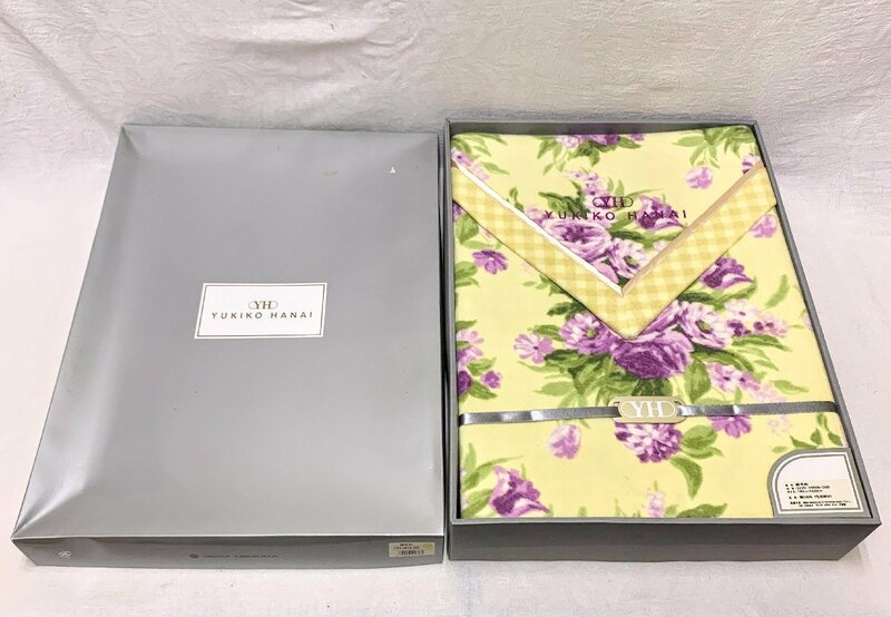13525/未使用 YUKIKO HANAI 綿毛布 140×200cm 綿100％ イエロー紫花 紙箱