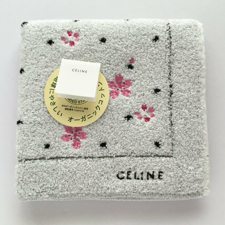セリーヌ / CELINE タオルハンカチ　桜の花刺繍　ドット模様オフホワイト生地【5871】