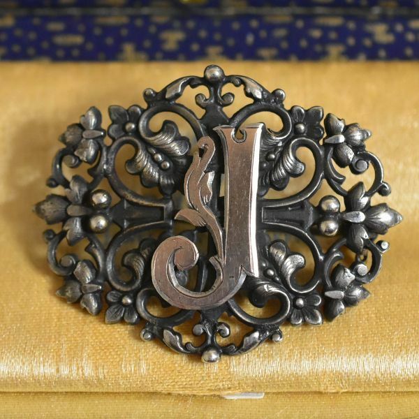フランス/仏アンティーク 銀製/Silver/シルバー ロールゴールド イニシャルJのブローチ 紋章 本物保証