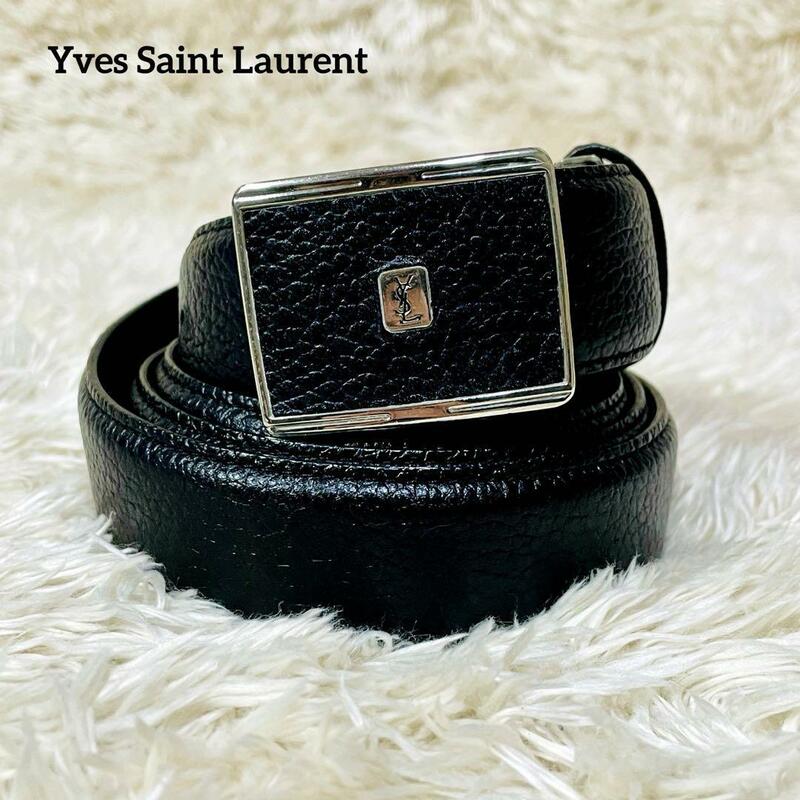 【Yves Saint Laurent/イヴサンローラン/美品】レザーベルト【スクエア/ロゴバックル/レザー/ブラック/シルバー/メンズ/ビジネス/YSL】