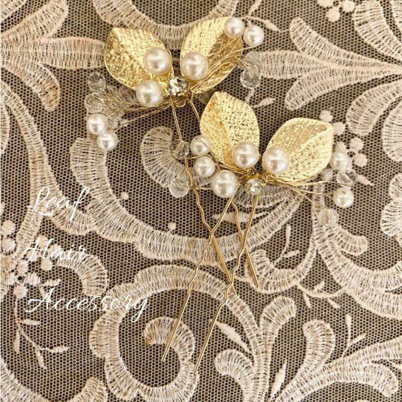 ゴールド　ヘアピン　２本セット　パール　リーフ　髪飾り　結婚式　送料無料　人気　かんざし　浴衣