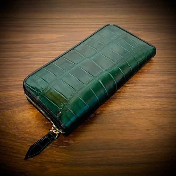 シャイニング クロコダイル × パイソン レザー クロコ 財布 メンズ財布 カード15枚 証明付 一枚革 グリーン 緑 送料無料 001