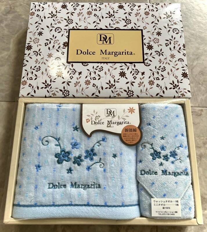 新品箱入贈答可〈Dolce Margarita〉ふわふわ新曉綿！花柄・ロゴ文字刺繍入　ウォッシュタオル＋ミニタオル　リバーシブルタイプ