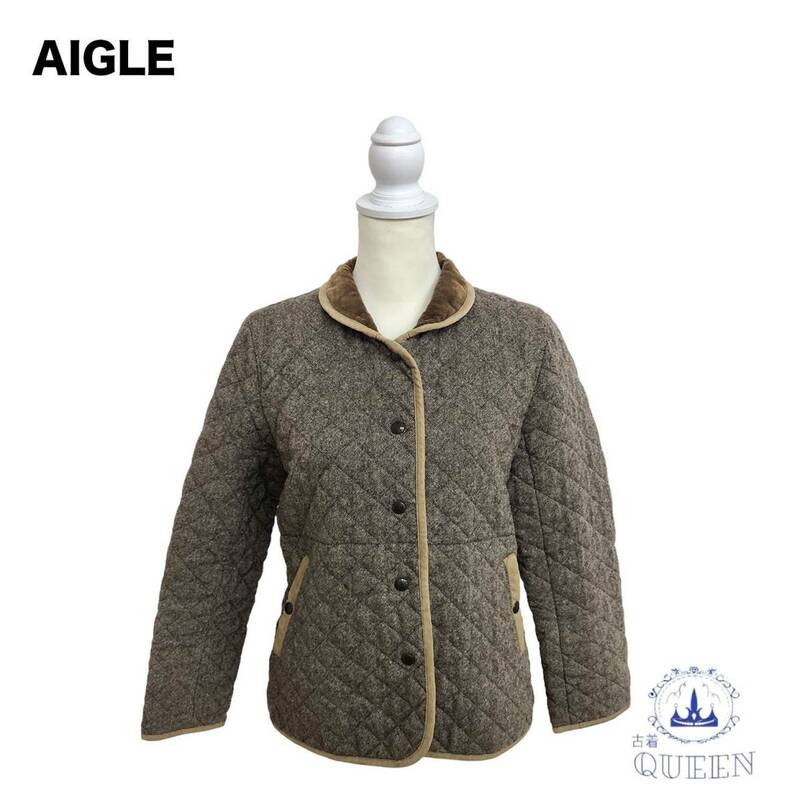 ☆美品☆ AIGLE エーグル ジャケット アウター ジャンパー ブルゾン 丸シャツ襟 キルティング 長袖 レディース グレー l-25 送料無料 古着