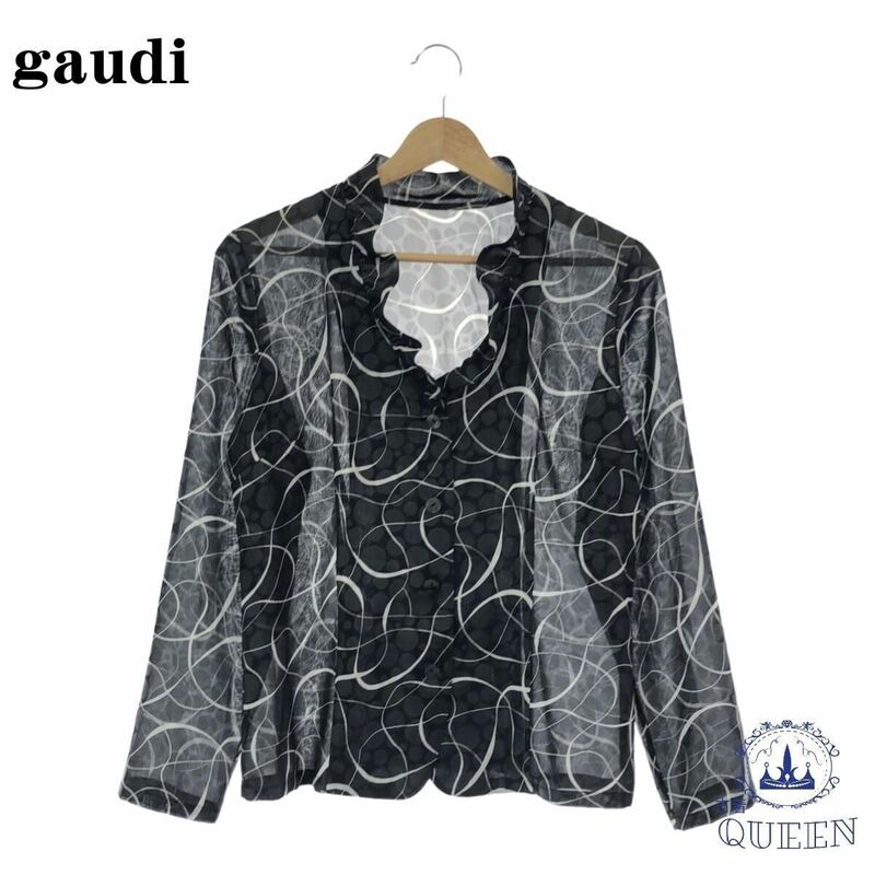 ☆美品☆ gaudi ガウディ トップス シアーシャツ ボタン付き 長袖 レディース ブラック 11 日本製901-2535 送料無料 古着