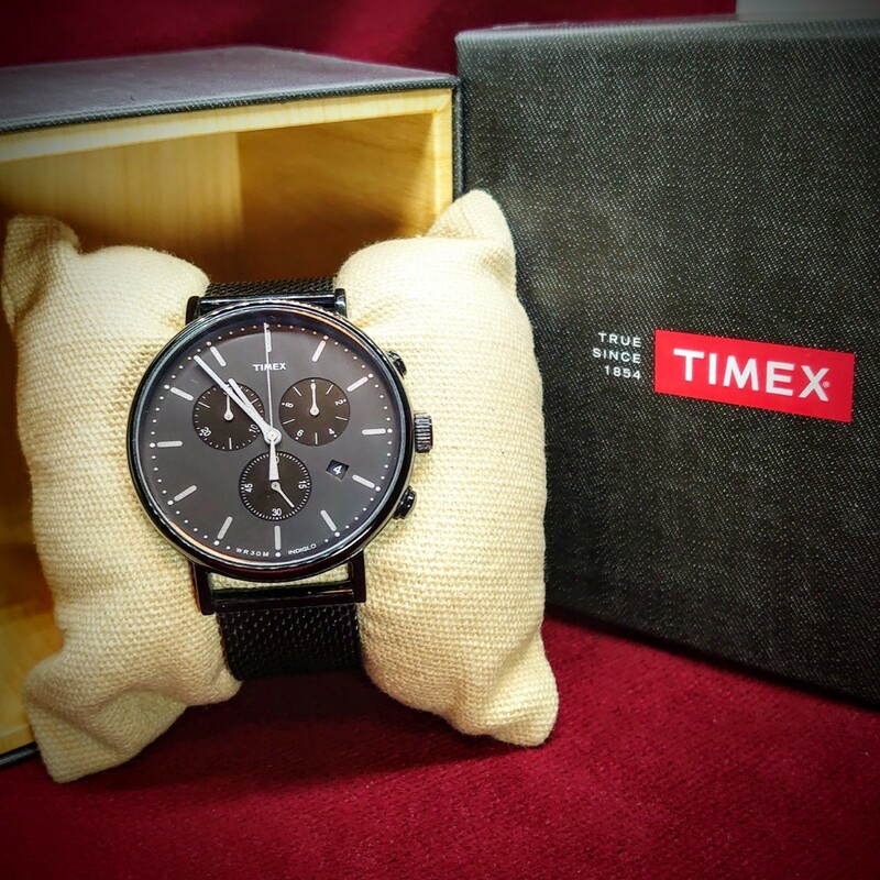 269【電池交換済】TIMEX Chronograph メンズ腕時計 ブラック タイメックス クロノグラフ 黒メタルベルト 箱付き ブランドウォッチ