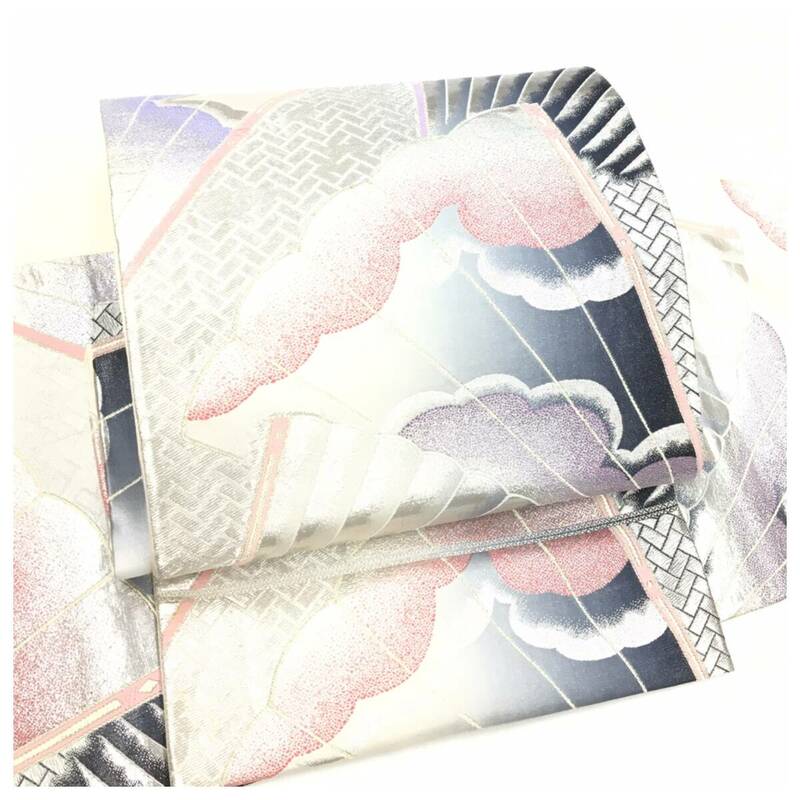 正絹　作り帯　シルバーピンク　袋帯　二部式　二重太鼓　