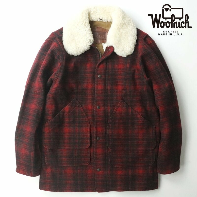 【90年代 レア物！】美品 USA アメリカ製 Woolrich ウールリッチ マッキーノウール 襟ボア パッカーコート バッファローチェック M JP:L