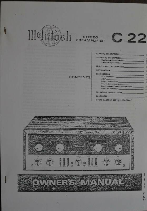 Mcintosh C22 STEREO PREAMPLIFIER　 OWNERS MANUAL