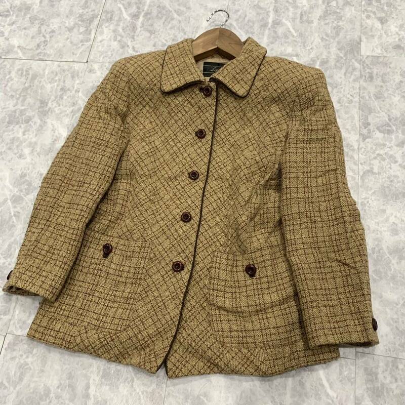 A ▼ 都会のカジュアルウェア '日本製' Leilian レリアン チェック柄 アンゴラ混 ボタン ジャケット size:11 婦人服 BROWN 