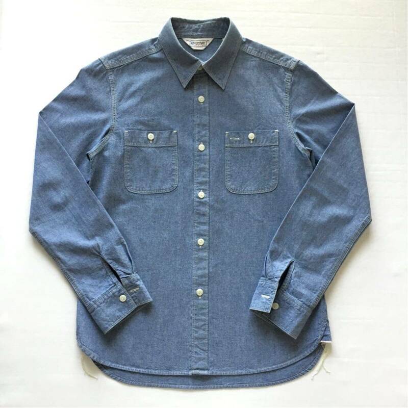 FIVE BROTHER Work Chambray shirt ファイブブラザー ワークシャンブレーシャツ Sサイズ 猫目ボタン 空環仕上げ トリプルステッチ アメリカ