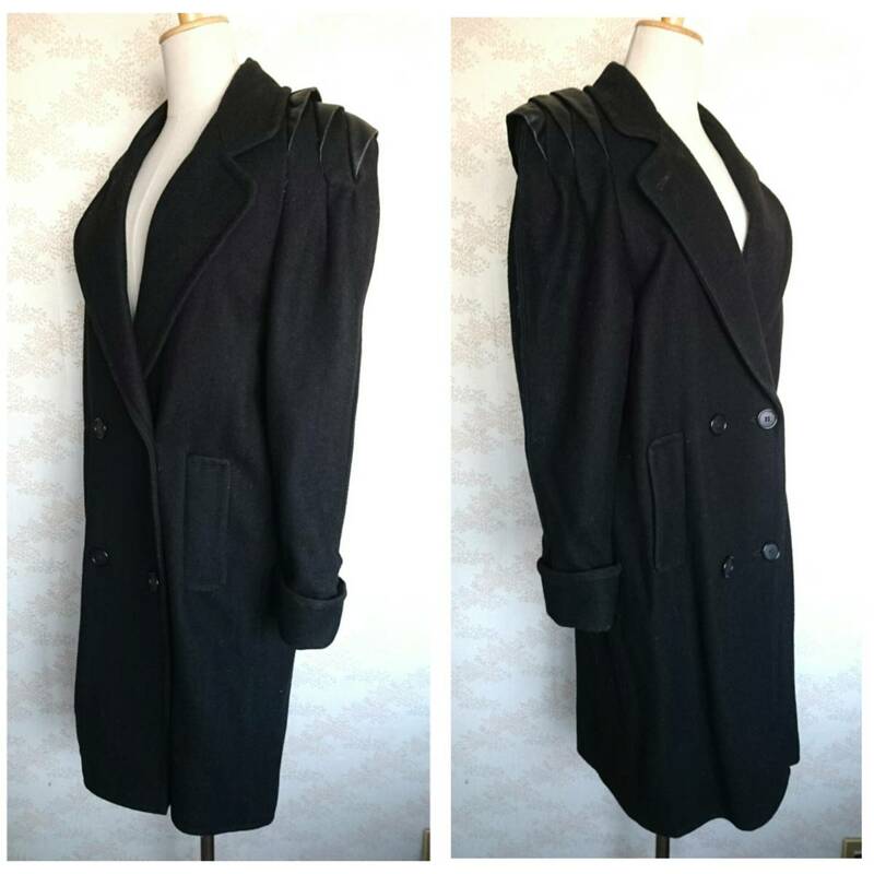 vintage coat 古着 ヴィンテージ コート ウール ウールコート パワーショルダー レザー ブラック 黒 アメリカ パワショル パフスリーブ