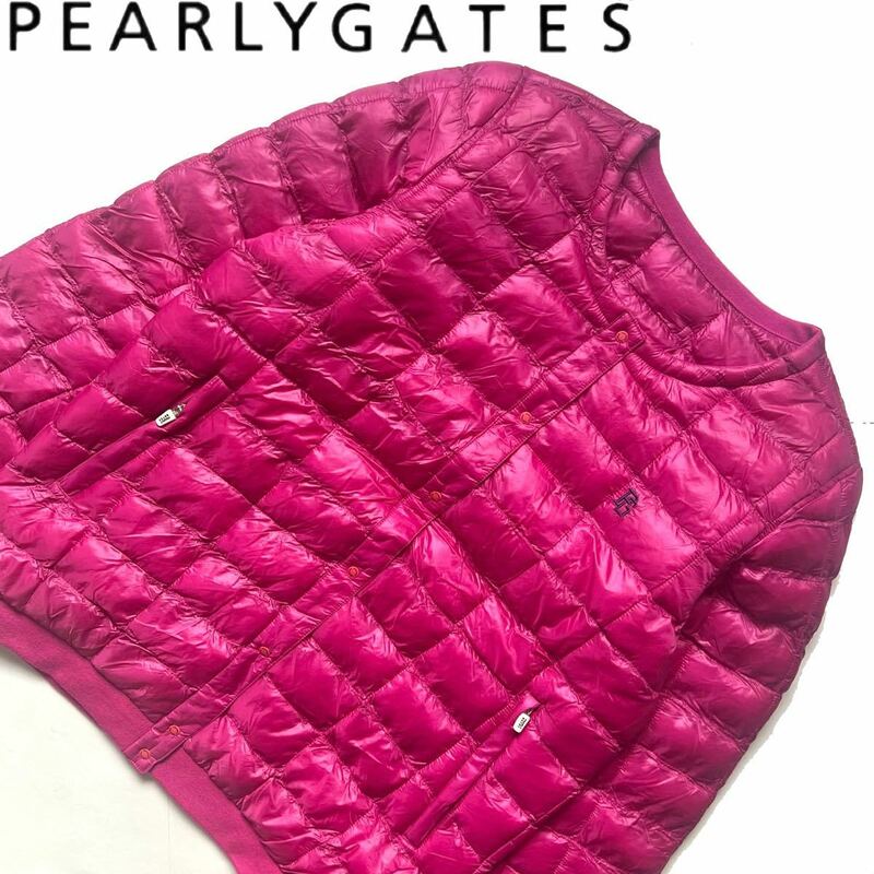 【送料無料】PearlyGates パーリーゲイツ　ノーカラー ダウンジャケット　ピンク　2 L 中綿入り　アウター　防寒　防風　レディース