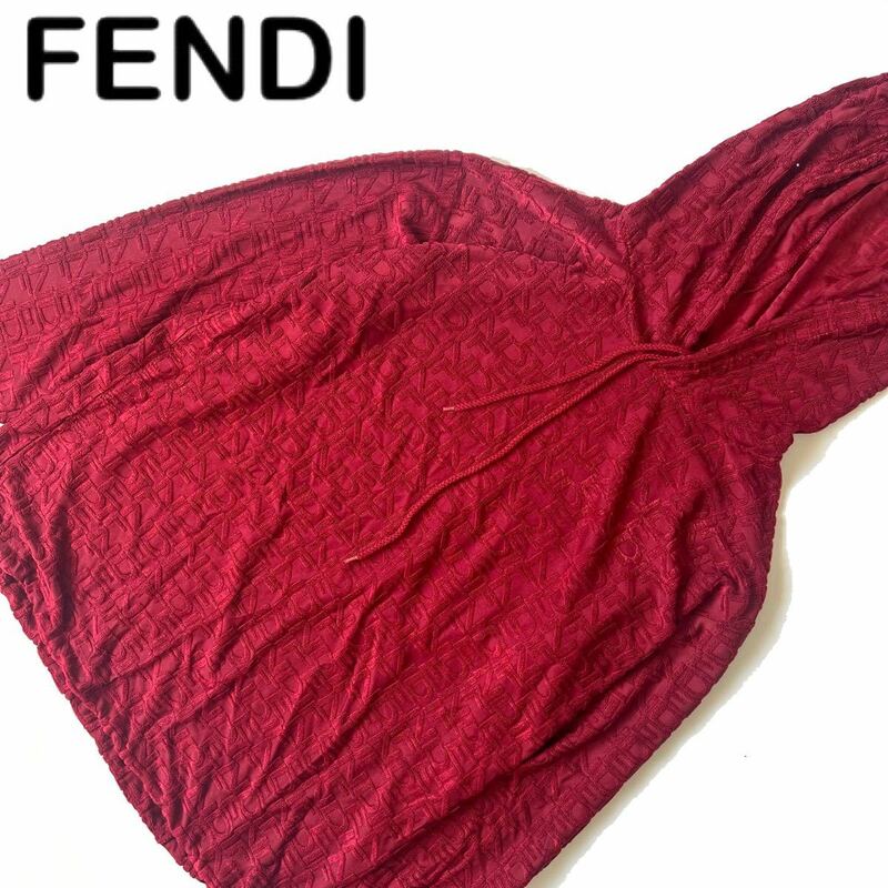 【送料無料】FENDI フェンディ ロゴ　総柄　ベロア　パーカー　プルオーバー　レディース　ロゴ　フード　赤　レッド