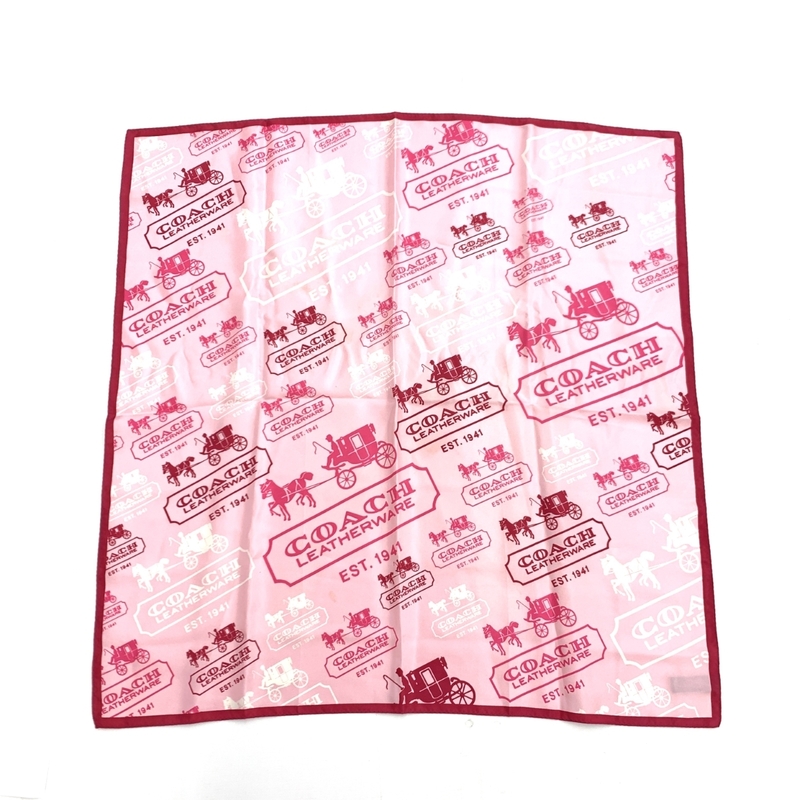 ◆COACH コーチ ホースアンドキャリッジ スカーフ◆ ピンク シルク100% ロゴ レディース カレ 絹 服飾小物
