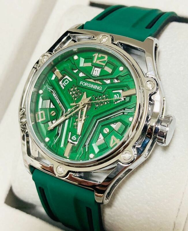 メンズ腕時計　機械式　自動巻き　手巻き　防水腕時計　カレンダー　シリコンバンド　グリーン　サーフィン　現品限り2360