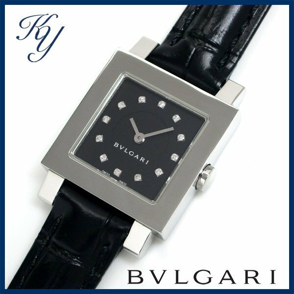 送料無料 3ヶ月保証付き 磨き済み 美品 本物 人気 BVLGARI ブルガリ クアドラード SQ22SL ダイヤ 革ベルト ブラック レディース 時計