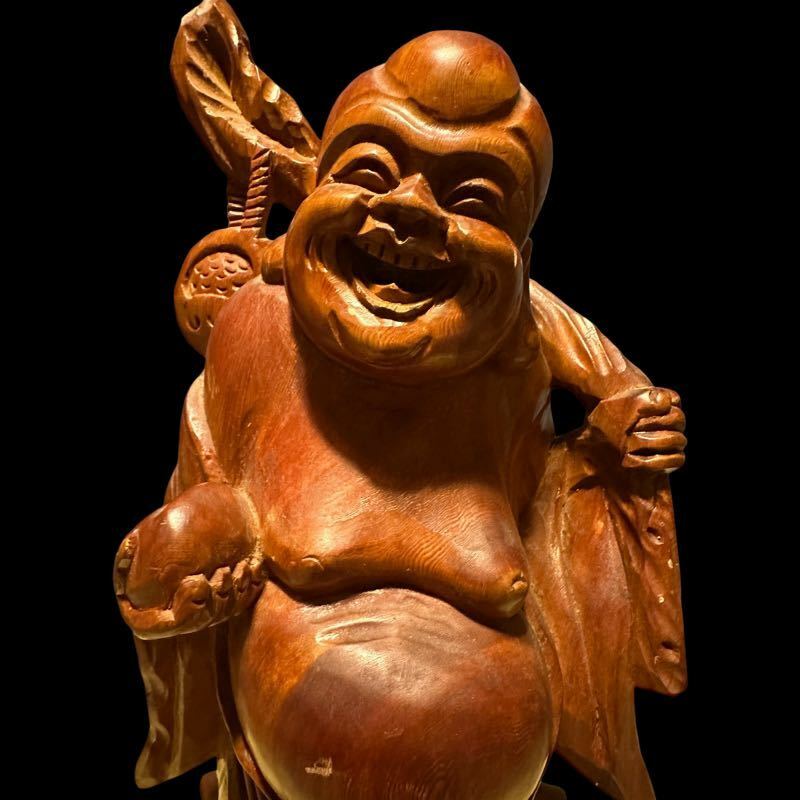 布袋さん 置物 木彫り 縁起物 オブジェ 開運 七福神 アンティーク 木工彫刻 台座一体型
