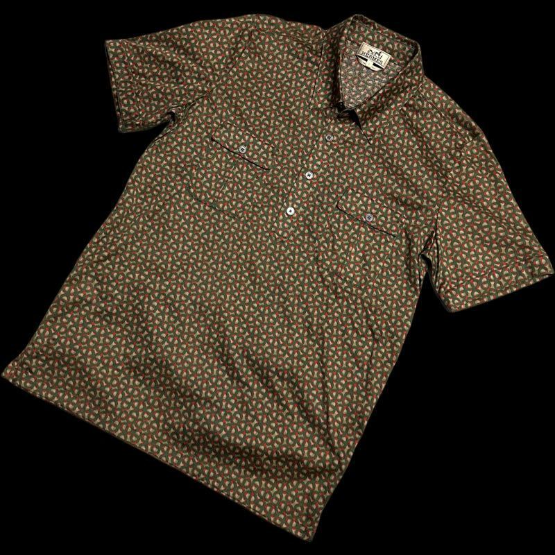 エルメス HERMES 半袖ポロシャツ コットン100％ Tシャツ ブラウン 幾何学模様? 未使用