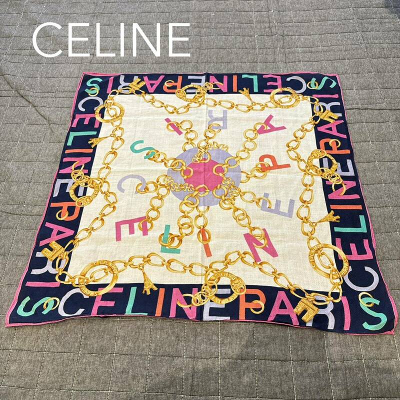 ②CELINE セリーヌ 大判ハンカチ スカーフ ロゴ チェーン エッフェル塔 凱旋門