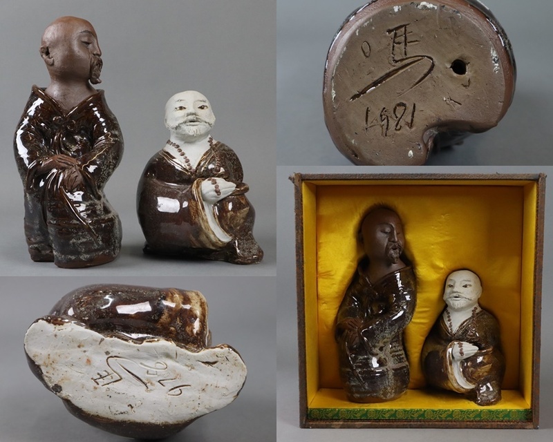 中国美術 作家物 1981年 僧侶像一対 箱付 陶器 細密細工 古美術品[c161]