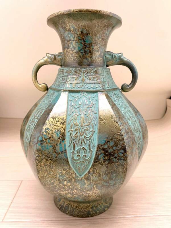 ★花瓶★青銅製 雙環乳釘紋圓壺 置物 花器 壷 刻印あり 