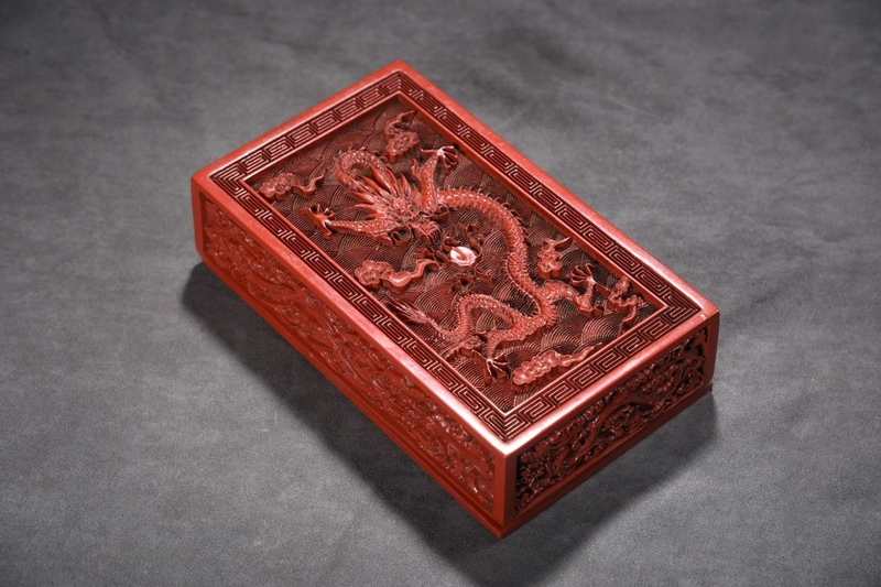  *珍品旧蔵*清朝 朱塗り 漆器 竜紋墨盒 置物 中國古玩 中国古美術 GH0201