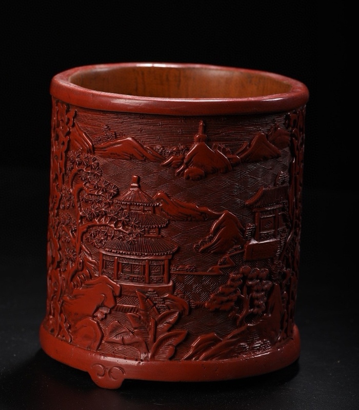  *珍品旧蔵*清代 朱塗 漆器 筆立て 工藝品 置物 中國古玩 中国古美術 GH0201