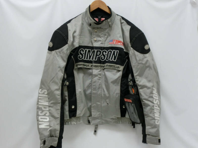 ‡ 0246 SIMPSON シンプソン ライダース ジャケット LL 背面・ショルダープロテクター ロゴプレート グレー系 バイクウェア おまけポーチ付