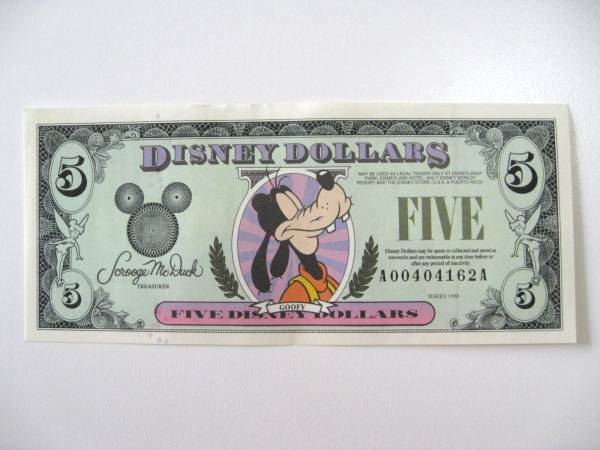 ディズニーダラー　5ドル札（1998年版） $5 紙幣　グーフィー Disney Dollars