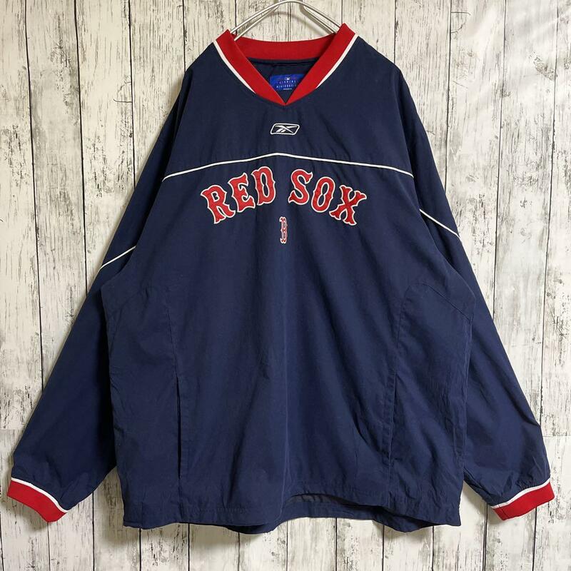 Reebok リーボック MLB REDSOX レッドソックス ナイロンプルオーバー ピステ 2XL 紺 ネイビー 刺ロゴ US古着 アメカジ HTK3048