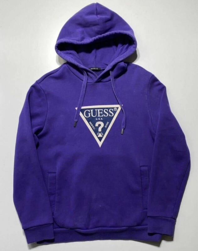 【L】GUESS VELVET TRIANGLE LOGO HOODIE ゲス ベルベット ライアングル ロゴ プルオーバー パーカー パープル (MJ4K8474K) R2112