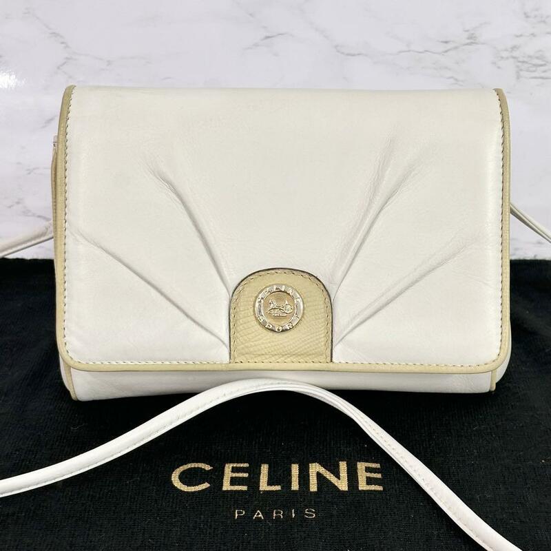 セリーヌ CELINE スポーツ ショルダーバッグ 馬車金具 ホワイト レザー　74c9798