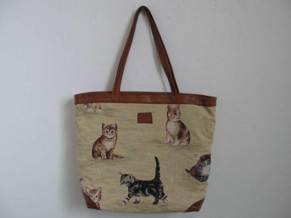 (56501)IBIZA　イビサ　イビザ　ネコ　猫　トートバッグ　ショルダーバッグ　刺繍　レザー　ベージュ系　USED