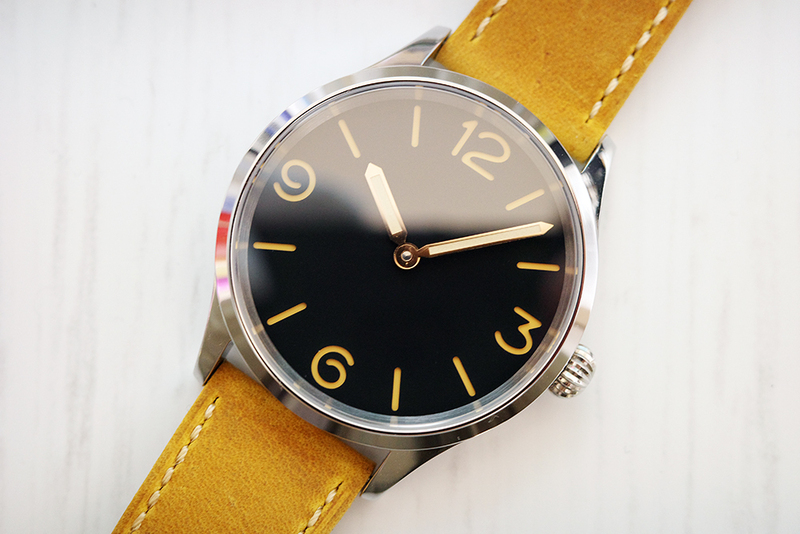 ☆新品 PARNIS ノーロゴ ミリタリーウォッチ 43mm ブラック文字盤 機械式手巻き腕時計